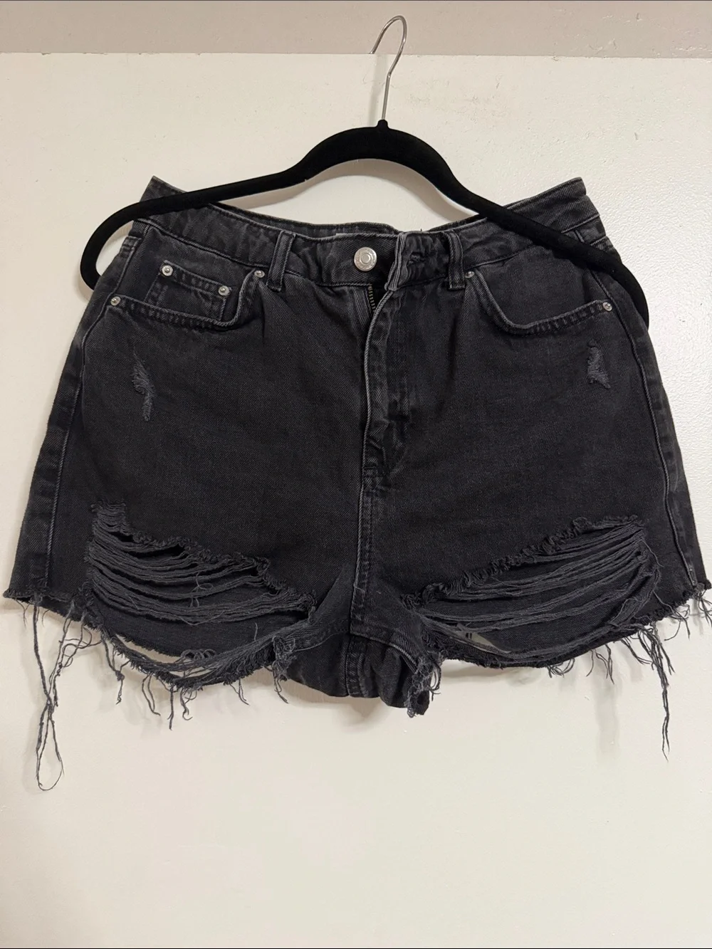 Topshop Black Distressed High-Rise Denim Shorts